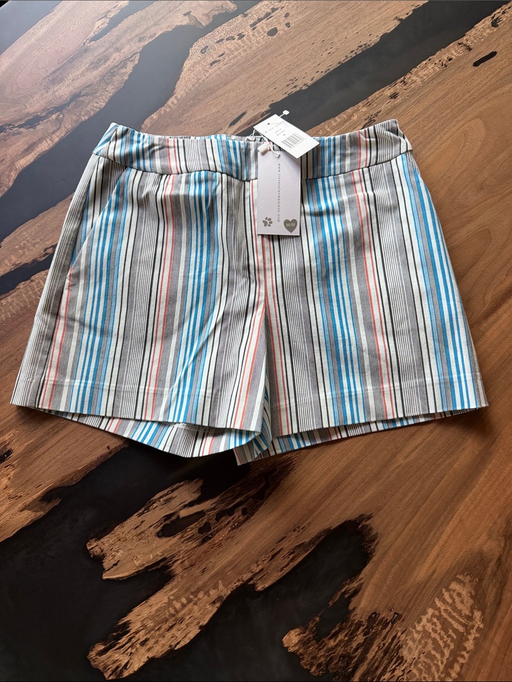 Striped Women’s High-Waist Short in Blue, Gray & Coral size Medium